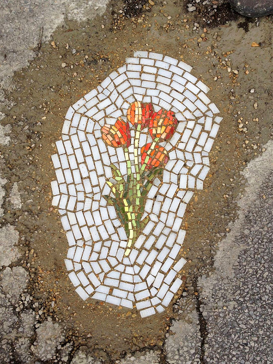 Street Artist Replaces Potholes With Flower Mosaics In Chicago