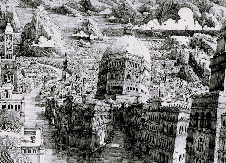 Artist Draws Amazingly Detailed Fictional Cityscapes With Pen and Ink