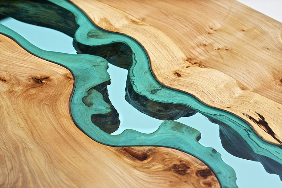 Unique Wooden Tables Embedded With Glass Rivers and Lakes 