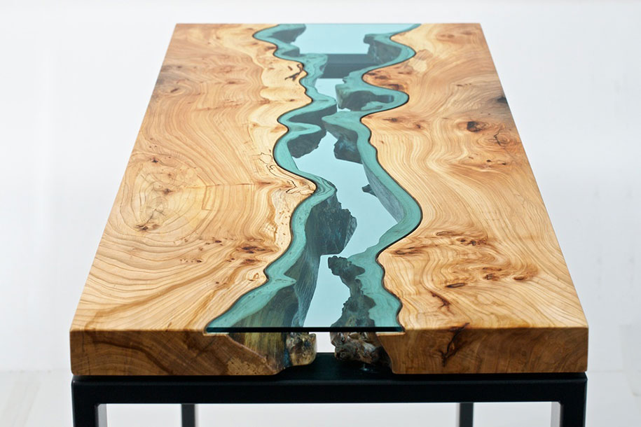 Unique Wooden Tables Embedded With Glass Rivers and Lakes By Furniture
