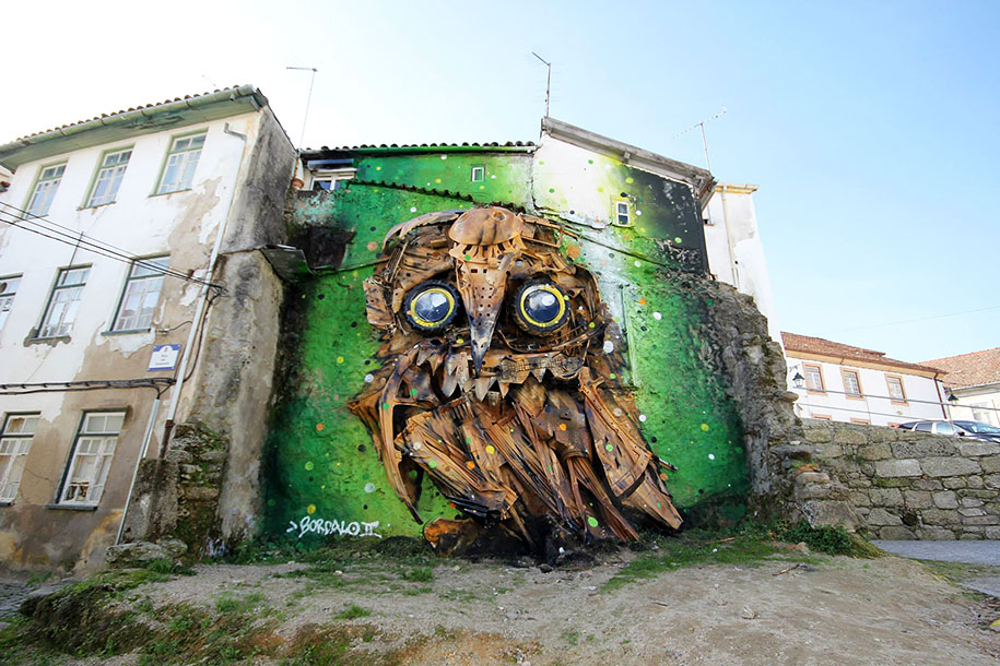 Portuguese Street Artist Creates A Giant Outdoor Owl Sculpture From