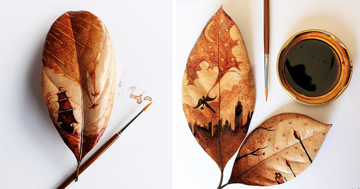 Artist Turns His Morning Coffee Leftovers Into Beautiful Leaf Paintings