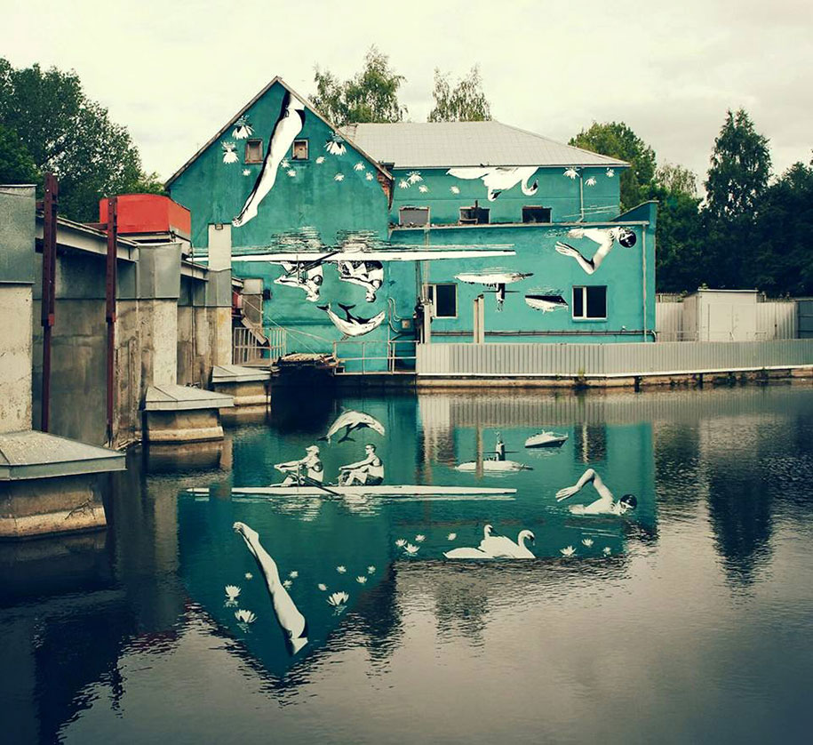street-art-mural-reflected-water-river-ray-bartkus-marijampole-lithuania-1