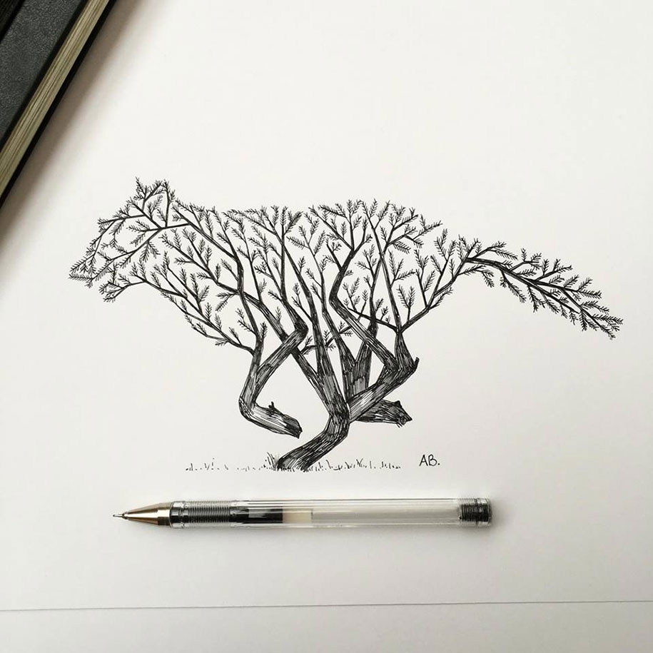 Trees Grow Into Majestic Animals In Pen & Ink Illustrations By Alfred Basha