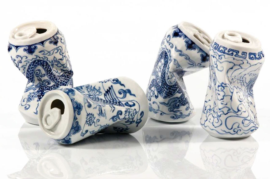 porcelain cans sculptures drinking tea lei xue 1 - Latas de refrigerante esmagadas feitas de porcelana