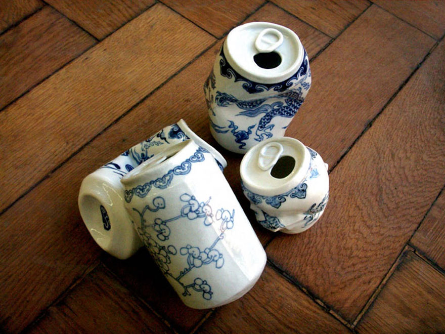 porcelain cans sculptures drinking tea lei xue 4 - Latas de refrigerante esmagadas feitas de porcelana