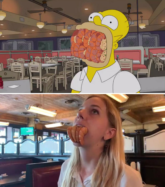 5d6cc3ed5253f An episode of The Simpsons recreated in real life fun by two fans 5d678f99bba5d 700 - Mulher recria cenas de Homer de “Os Simpsons” comendo em restaurantes