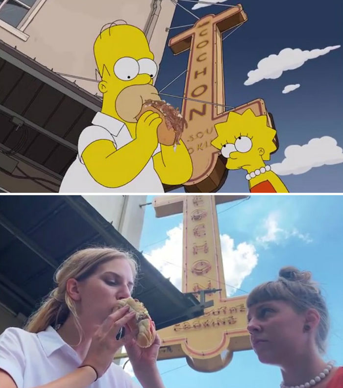5d6cc3ee2a04a An episode of The Simpsons recreated in real life fun by two fans 5d678f7d399b4 700 - Mulher recria cenas de Homer de “Os Simpsons” comendo em restaurantes