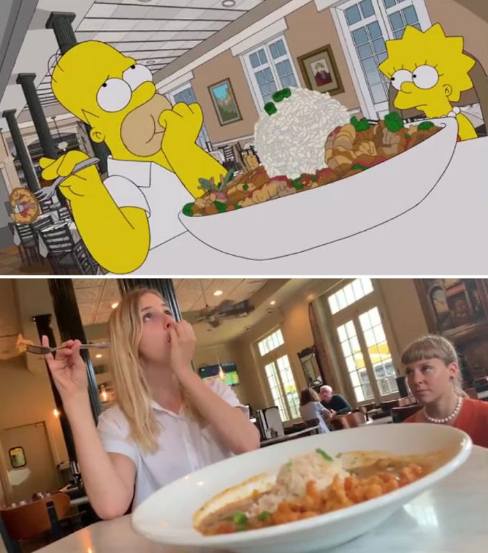 5d6cc3f0b6f77 An episode of The Simpsons recreated in real life fun by two fans 5d678f87a815a 700 - Mulher recria cenas de Homer de “Os Simpsons” comendo em restaurantes